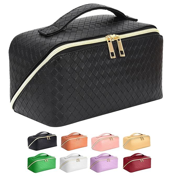 ZAUKNYA Makeup Bag - Large Capacity Travel Cosmetic Bag, Portable Leather Waterproof Women Travel... | Amazon (US)