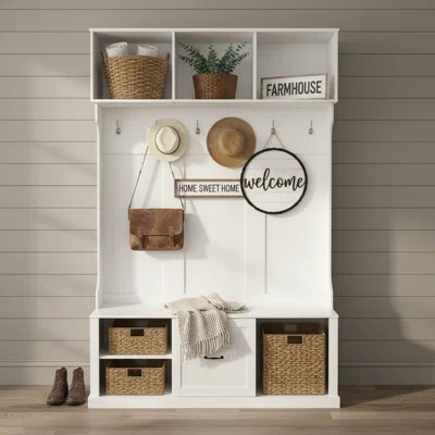 Garage Storage Cabinet with Bench & 6 Hooks – 3 in 1 Hall Tree, Adjustable Shelves, Drawer, MDF, White – Entryway & Garage Organizer | Wayfair North America
