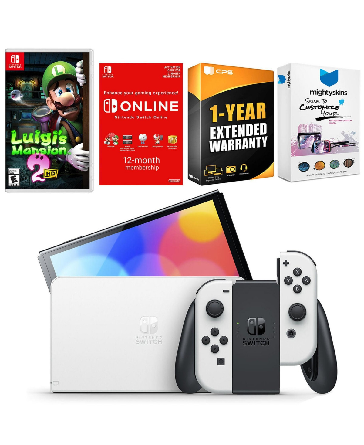 Nintendo Switch White Oled Console with Luigi s Mansion 2 Hd, Nso 12 Month Family Membership, MightySkins Console and Controller Skin Voucher, and 1 Y | Macy's