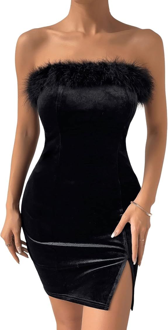 SweatyRocks Women's Sleeveless Velvet Tube Party Dress Fuzzy Trim Split Bodycon Mini Dresses | Amazon (US)