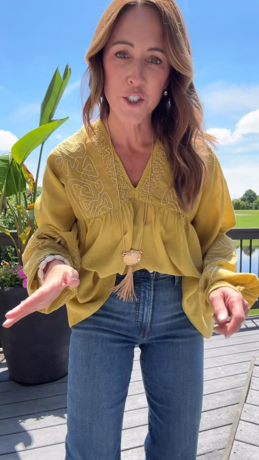 Embroidered linen top
XS 
Jeans tts, 25 regular

#LTKSeasonal #LTKOver40 #LTKSaleAlert