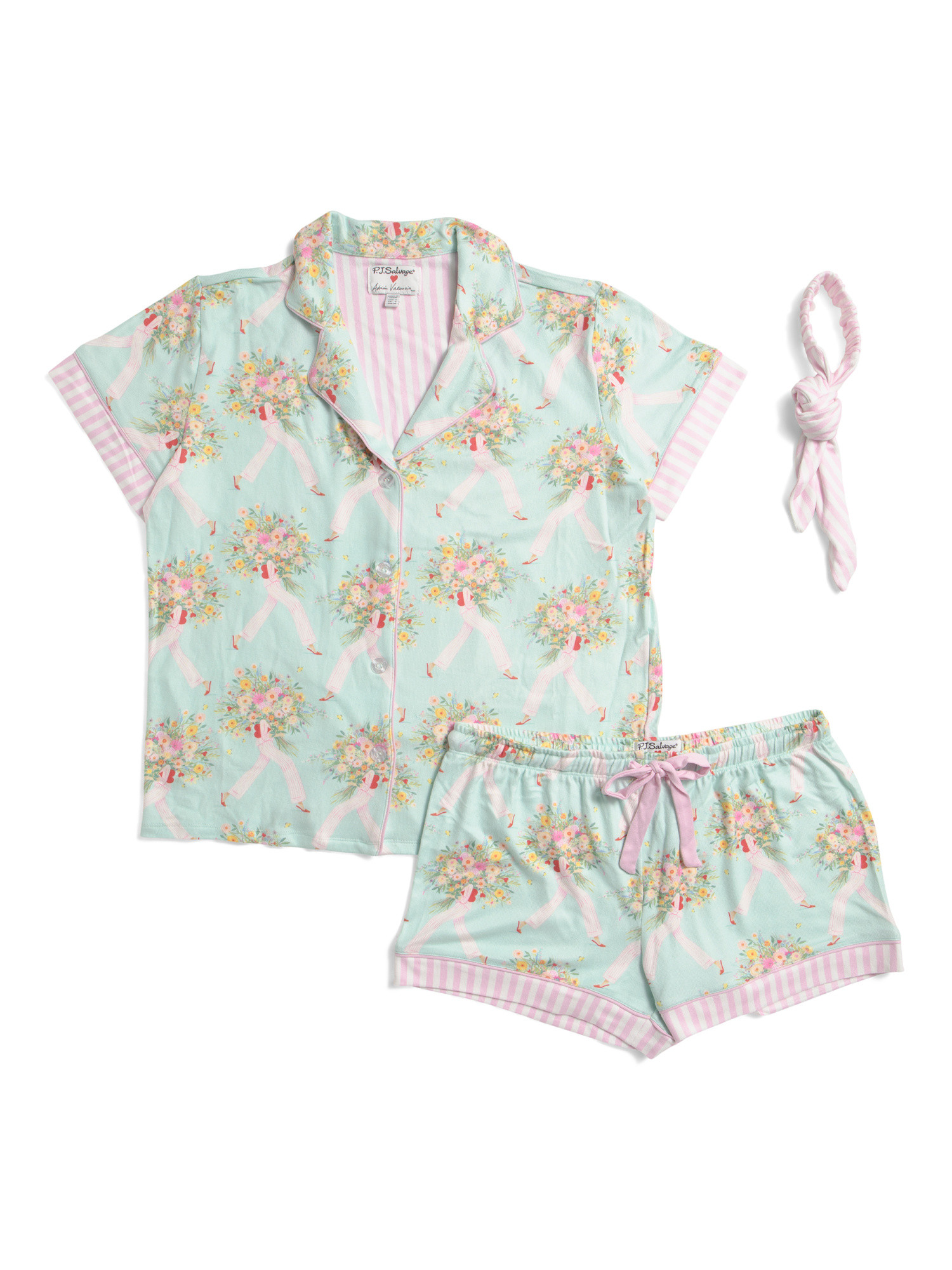2pc Adrian Valencia Pajama Top And Shorts Set With Matching Headband | TJ Maxx