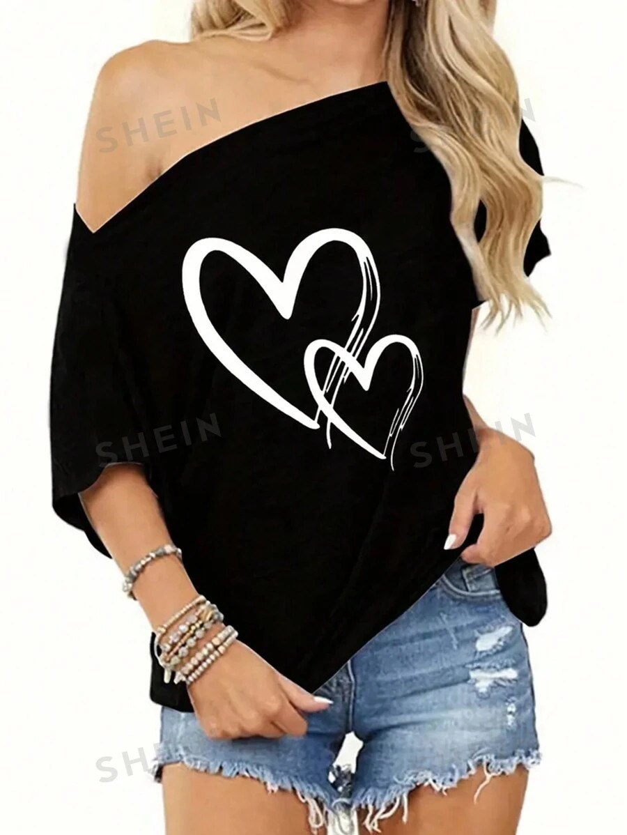 SHEIN LUNE Women's Asymmetrical Neckline Heart Print T-Shirt | SHEIN