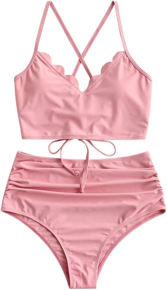 ZAFUL Women's Crisscross Ruched High Waisted Bottom Bikini Set Two Piece Swimsuit Tankini | Amazon (US)