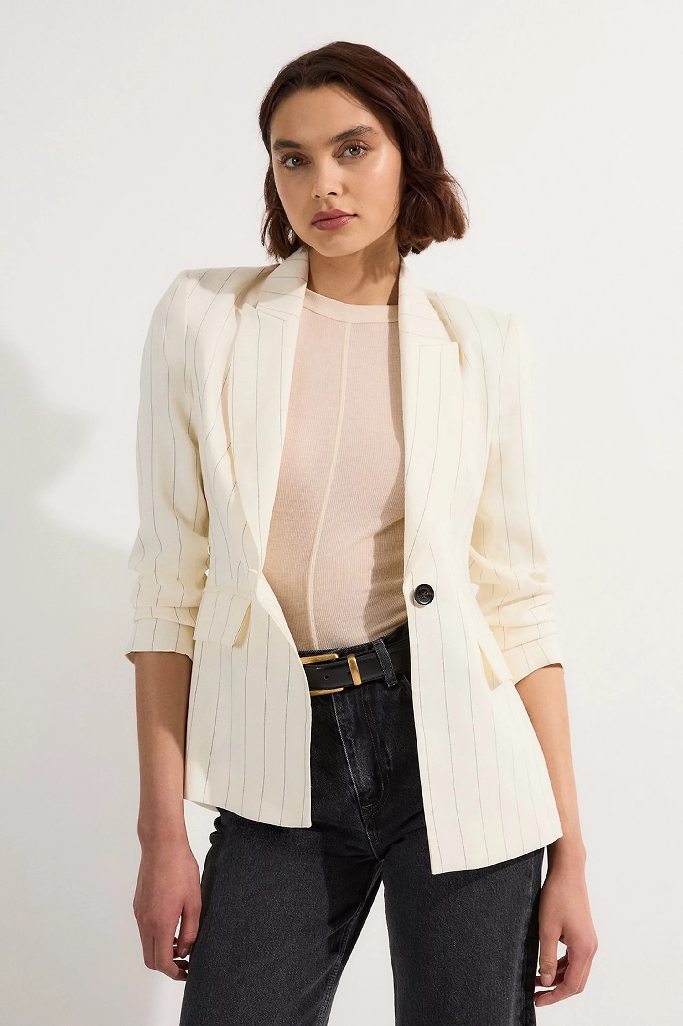 Petite Premium Linen Viscose Pinstripe Tailored Jacket | Karen Millen | Karen Millen UK + IE + DE + NL