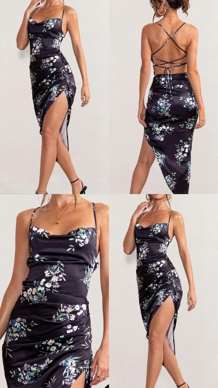 Floral satin dress. Black satin asymmetric hem midi dress. 
Summer, spring, date night out, brunch outfit, wedding, baby shower, special occasion. Under £50. Affordable fashion.  Wardrobe staple. Timeless. Gift guide idea for her. Luxury, elegant, clean aesthetic, chic look, feminine fashion, trendy look.
Club L London outfit idea.

#LTKfindsunder50 #LTKfindsunder100 #LTKGiftGuide