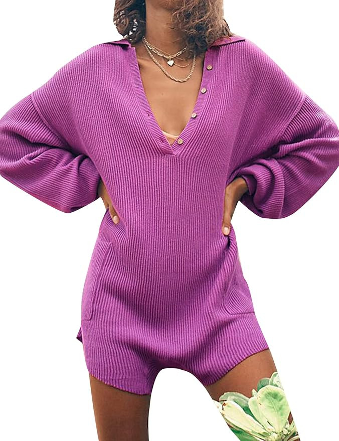 Yimoon Women’s Knit Romper Long Sleeve V Neck Button Down Knitted Sweater Romper Jumpsuit One P... | Amazon (US)