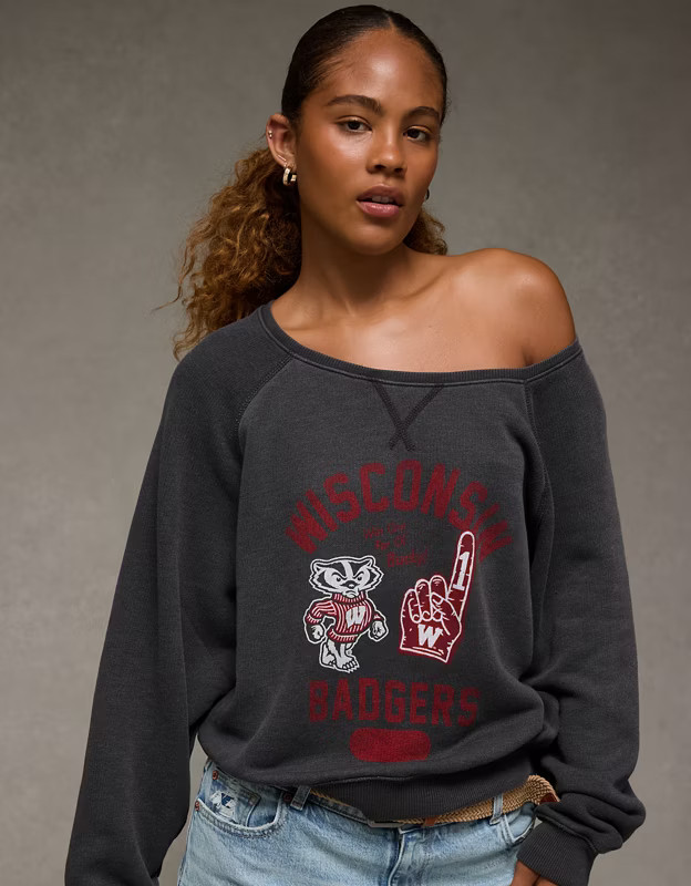 AE Wisconsin Badgers Graphic Off The Shoulder Sweatshirt | American Eagle Outfitters (US & CA)