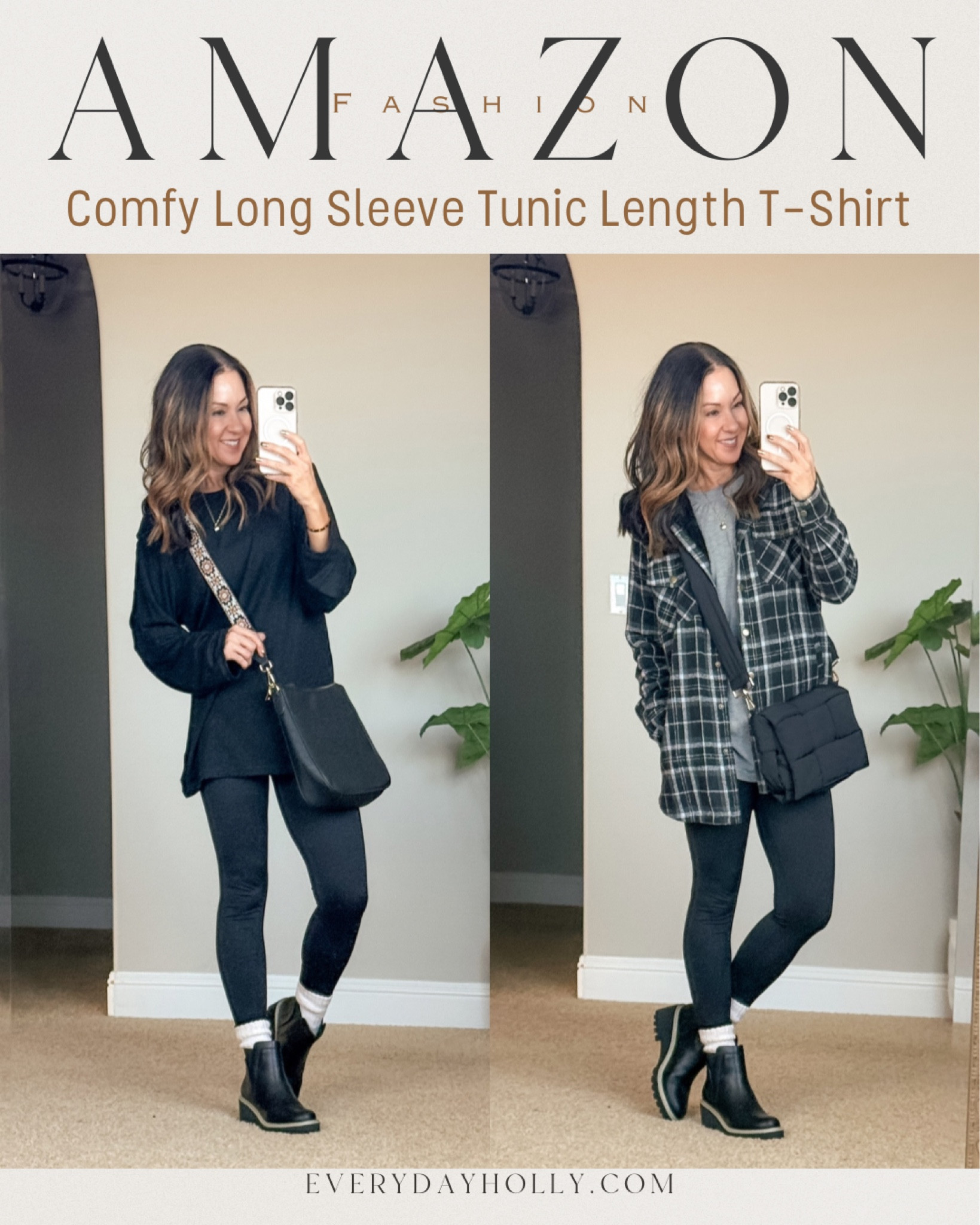Fall outfit with comfy, stretchy soft tunic length long sleeve tee (XS) & leggings (XS Short) For reference, I'm 5'1", 109lbs. black crossbody bags, scrunch socks with Chelsea boots. Furry lined hooded flannel size small.  everyday autumn outfit, Everyday Holly, Petite over 50 style, Amazon

#LTKStyleTip #LTKOver40 #LTKShoeCrush