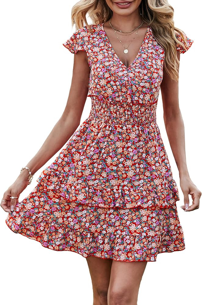 PRETTYGARDEN Womens Floral Summer V Neck Ruffle Sleeve Layered Smocked Waist Mini Dress | Amazon (US)