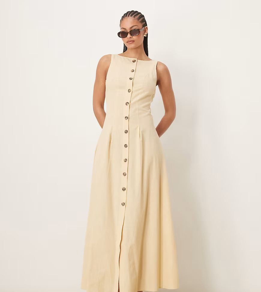 ASOS DESIGN Tall slash neck button down vest maxi dress in straw-Neutral | ASOS (Global)