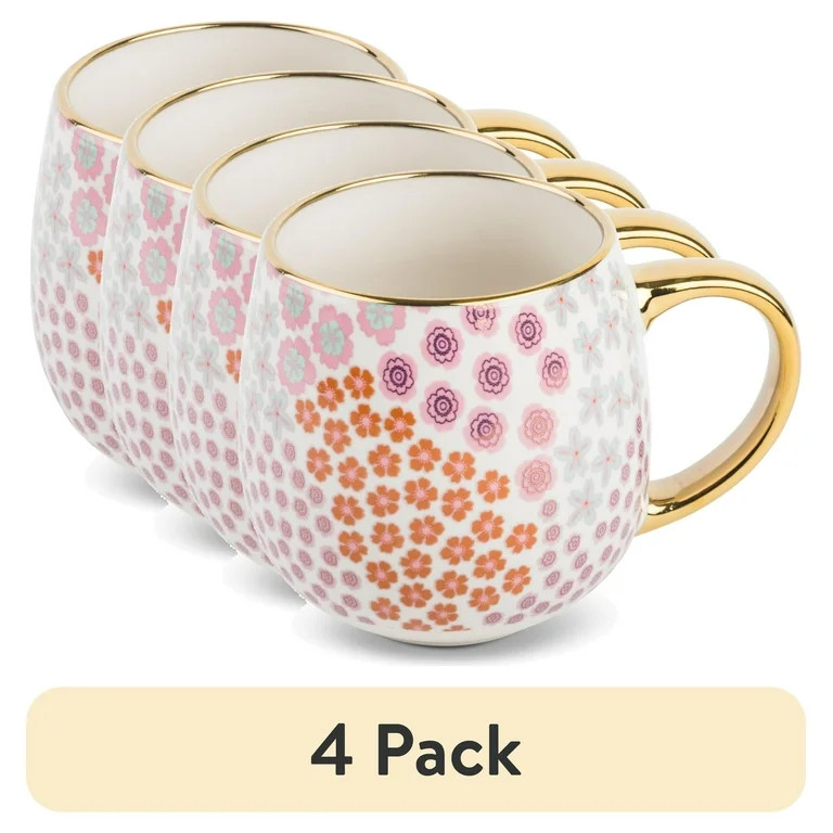 (4 pack) Thyme & Table Stoneware Gold Floral 16oz Coffee Mug | Walmart (US)