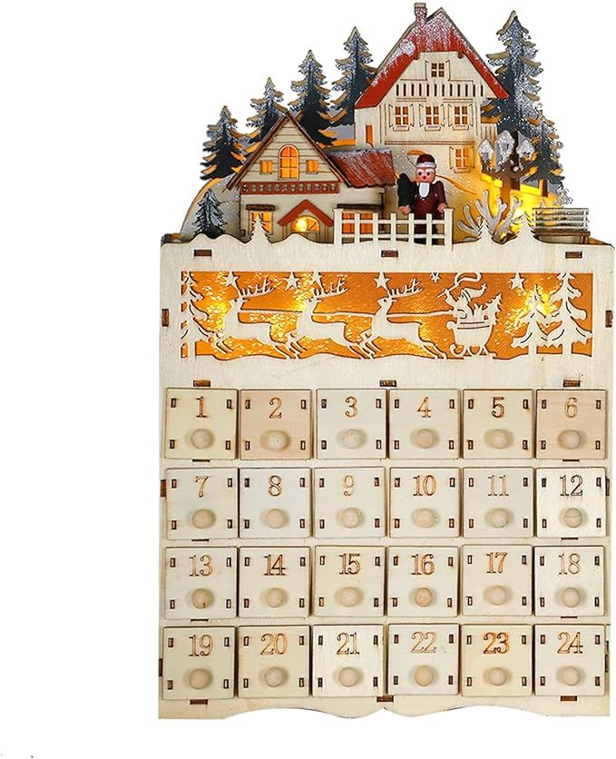 MorTime 24 Day Advent Calendar Decorated with Lighted Reindeer Cabin and Christmas Tree, Wooden C... | Amazon (US)