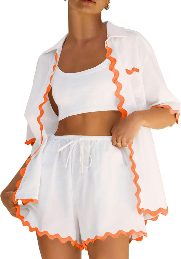 ARTFREE Women's 2 Piece Pajama Sets Short Sleeve Button Down Shirts and Shorts Outfit Sets Summer... | Amazon (US)