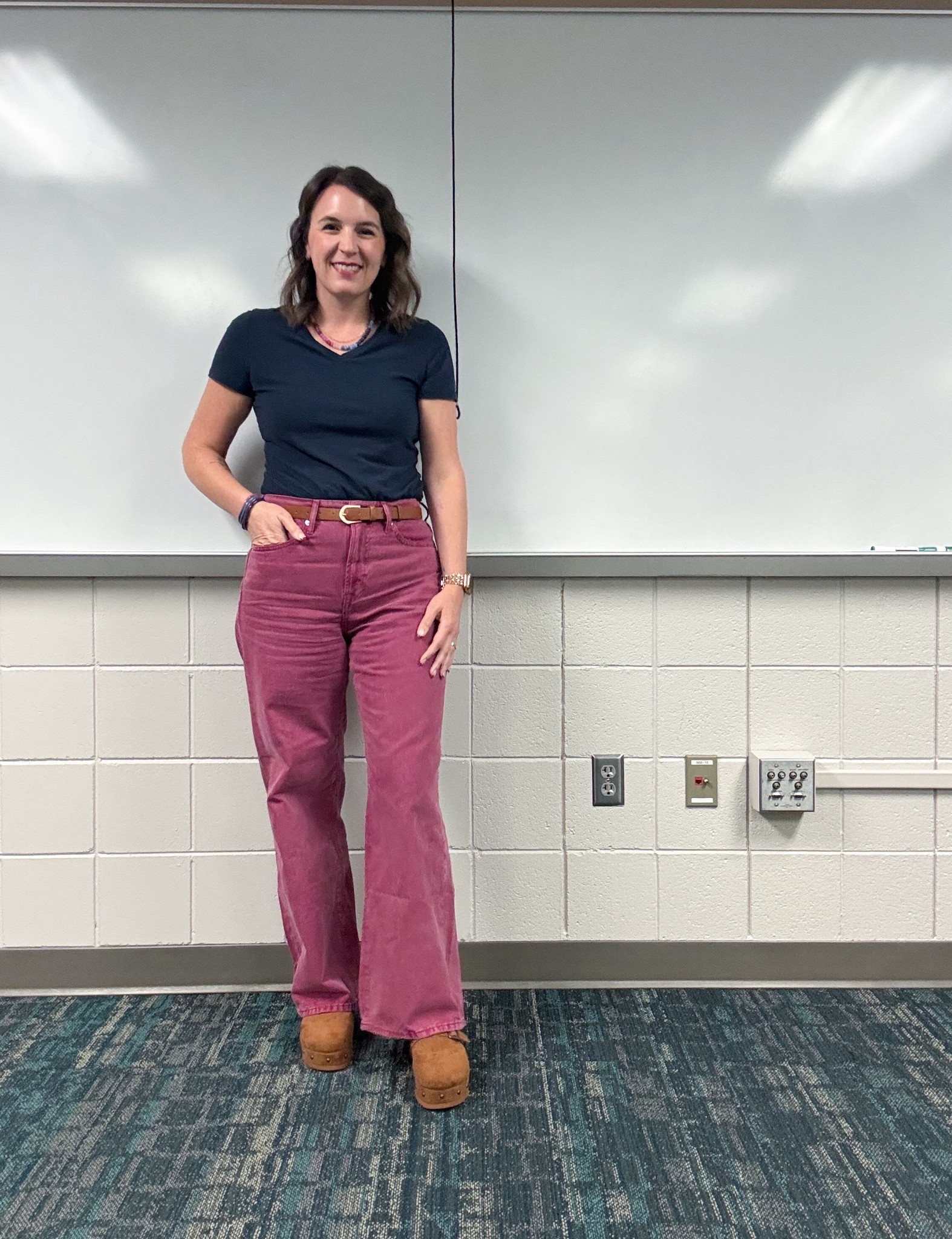 Teacher outfit of the day. These plum/pink wide leg jeans are new and I love them. I’m a sucker for a cute colored pant, especially wide leg!

I’m in a 6. I think thru run a little big because I’m usually an 8/10. Also the color online says Beaujolais and it looks brighter than these, but I’m fairly certain that’s the color these are  