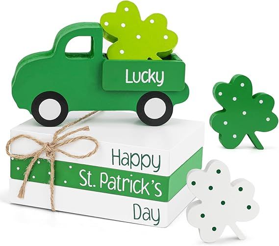 AKEROCK St Patricks Day Decorations, Wooden Book Stack & Green Truck & 3 Shamrock Block for Tiere... | Amazon (US)