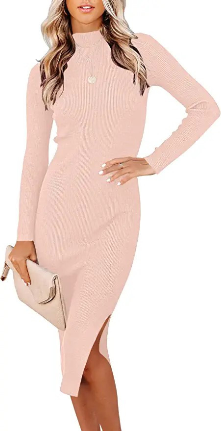 ANRABESS Women's Long Sleeve Ribbed Sweater Dress Turtleneck Slim Fit Slit Midi Dress | Amazon (US)