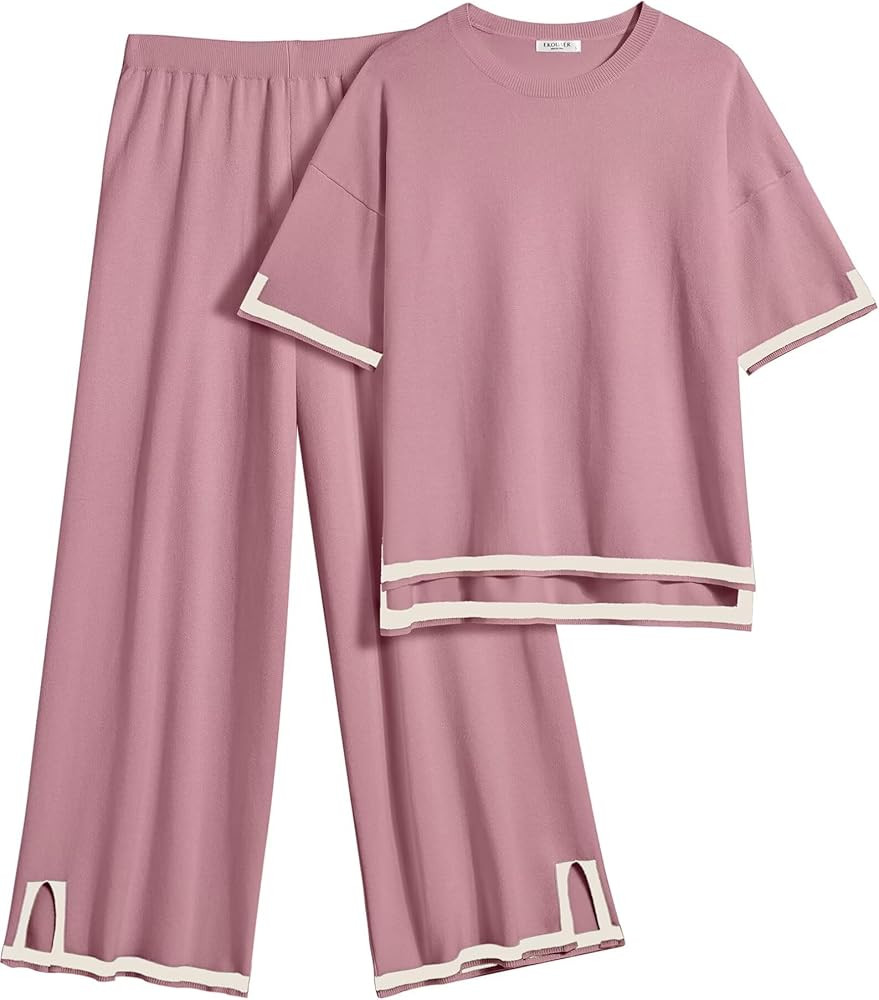 Ekouaer Lounge Set for Women Travel Outfits 2 Piece Sets Short Sleeve Sweater Top Wide Leg Long P... | Amazon (US)