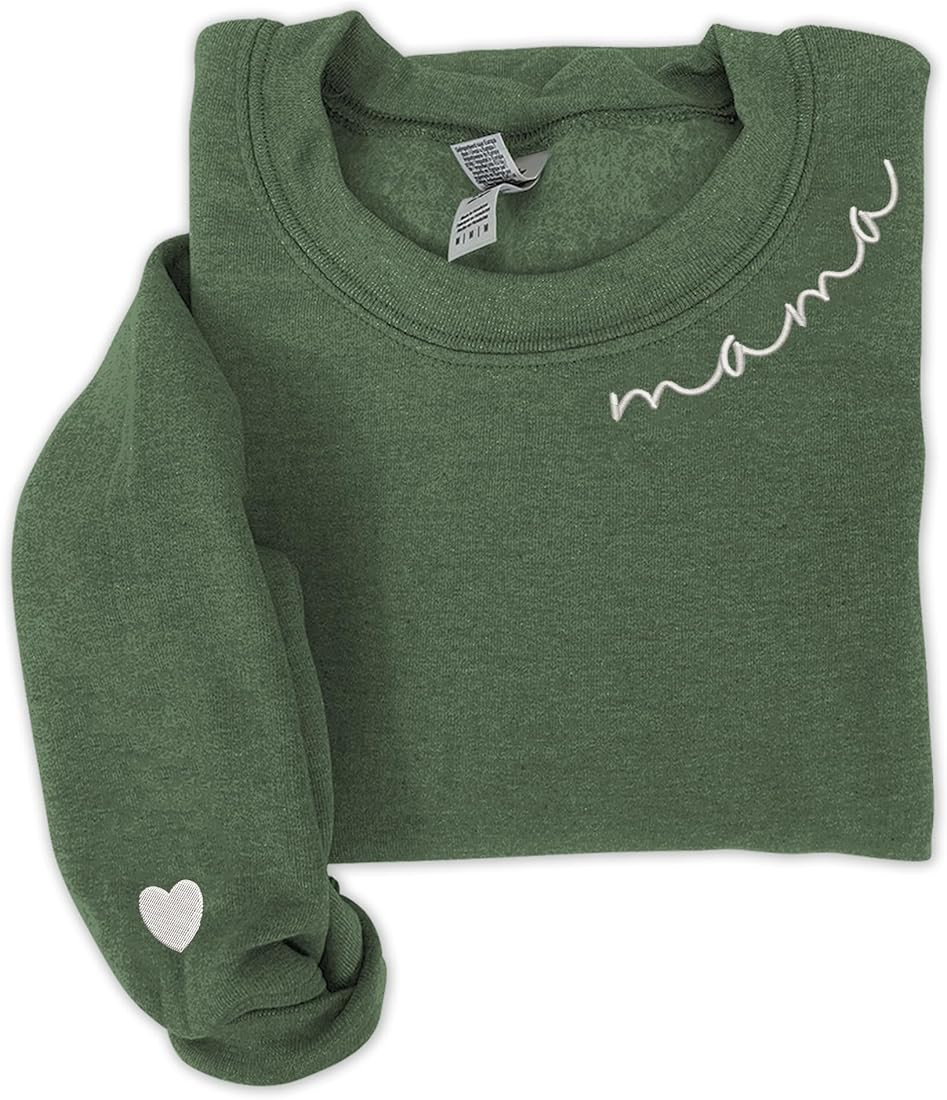 IZI POD - Mom Mama Embroidered Crewneck Sweatshirt Heart On The Sleeve For Women -Gifts For Mom B... | Amazon (US)