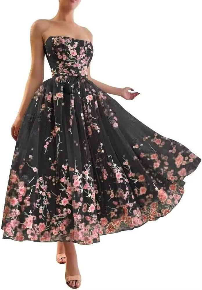 Tea Length Prom Dress for Women A Line Strapless Floral Ball Gown Tulle Formal Evening Gown with ... | Amazon (US)
