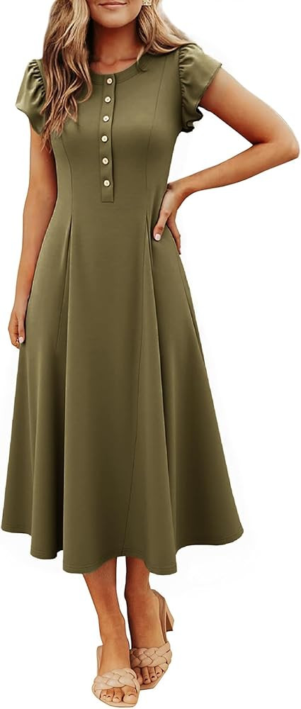 Simplee Womens Summer Casual Dress - Short Sleeve Button Crewneck A-Line Flowy Fit and Flare Beac... | Amazon (US)