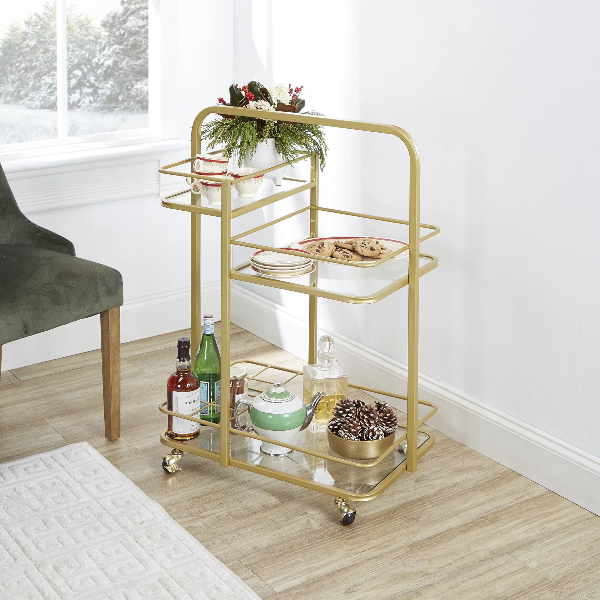 Adornments Gold Metal Serving Barcart with 3 Glass Shelves - Walmart.com | Walmart (US)