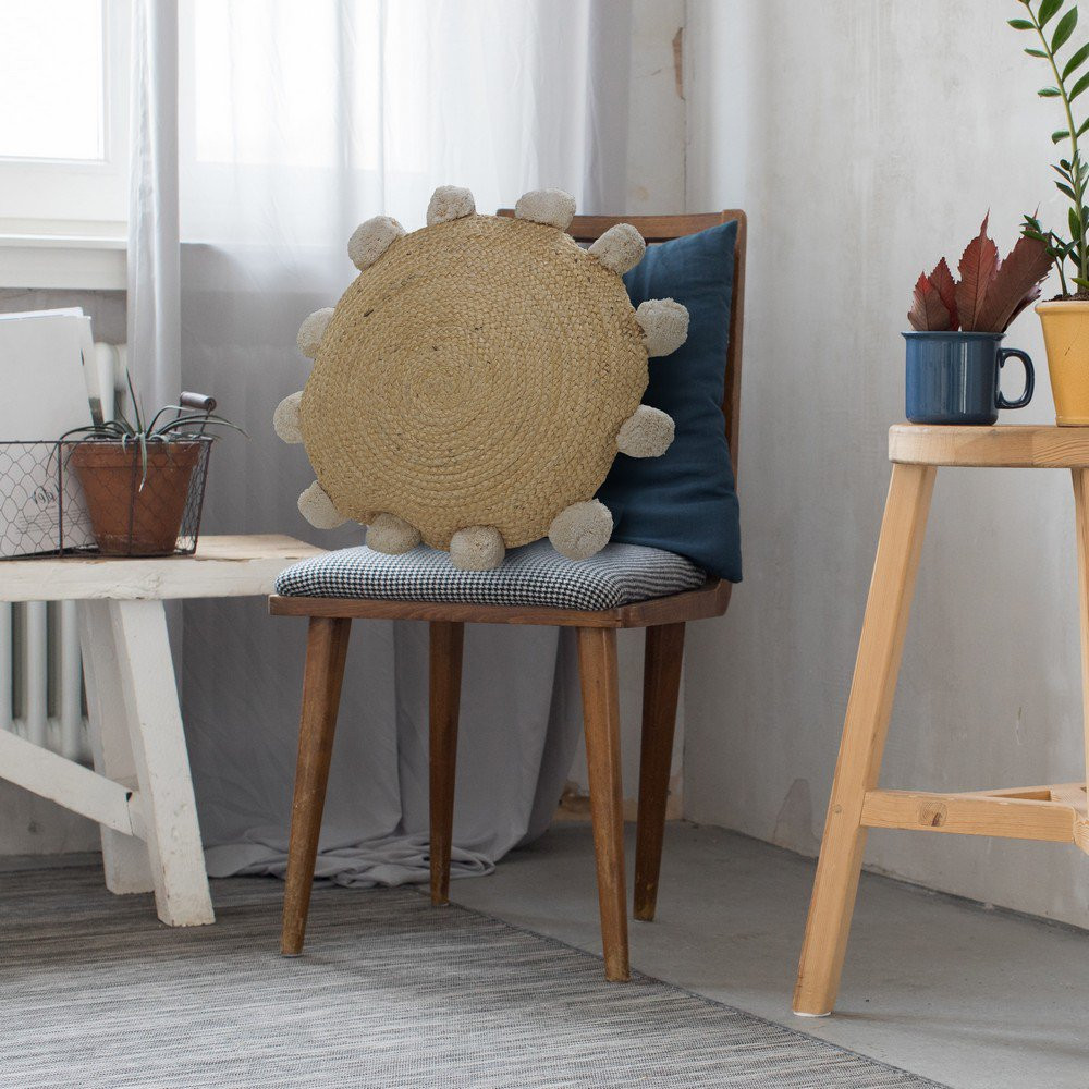 LR Home Round Natural Jute Throw Pillow with Pom Pom Border, 20" x 20" , Tan | Walmart (US)