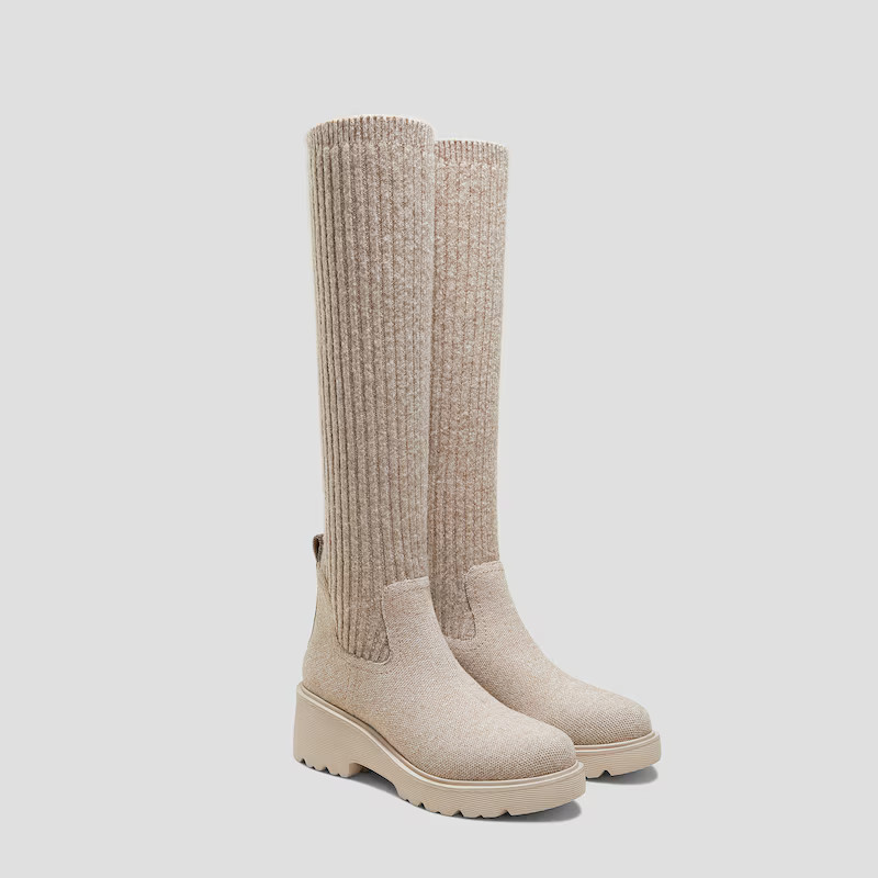 Round-Toe Knee-High Platform Chunky Wool Wedge Boots (Eduarda) | VIVAIA
