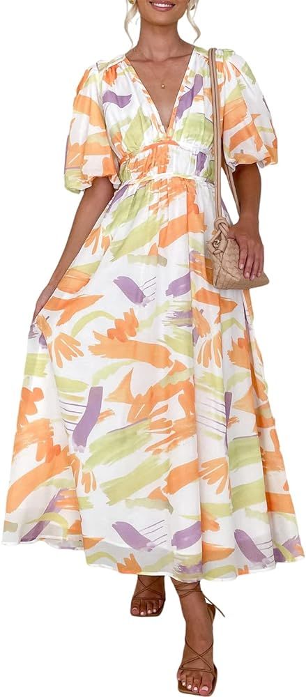 Sissyaki Women's Summer Boho Floral Print Midi Dress Square Neck Tiered Flowy Beach Long Dress | Amazon (US)