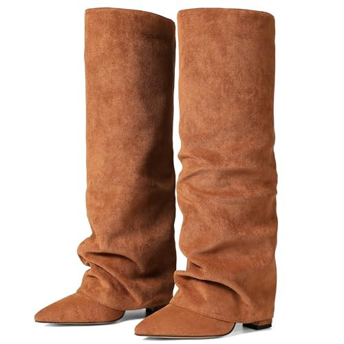 Brown Suede Boot Women Knee High Chunky Heeled Shark Boots Wide Calf Fold Over Pointed Toe Rubber Sole Over the Knee Boots for Women Trendy Size 10 | Amazon (US)