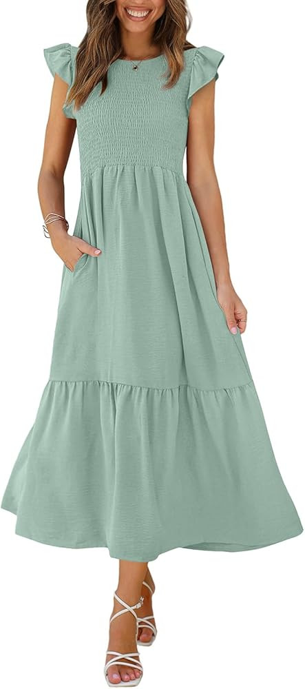 OFEEFAN Women's Casual Maxi Dresses with Pockets Ruffle Sleeve Smocked Dress XS-2XL | Amazon (US)
