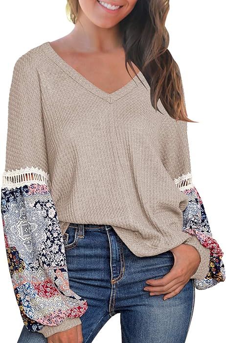 Women's Casual Tops Printed Long Sleeve V Neck T Shirts Loose Pullover Sweater | Amazon (US)