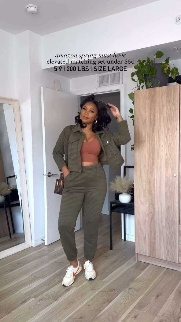 Perfect elevated casual matching set!! This set is sooo comparable and the pattern and texture makes it look more expensive. Definitely a perfect travel outfit, brunch, with friends, shopping trip, running errands, every day outfits I am 5’9 | 200 lbs | wearing a large and it’s A LITTLE large on my waist but very comfy! 

 #LTKMidsize #LTKFindsUnder100 #LTKStyleTip