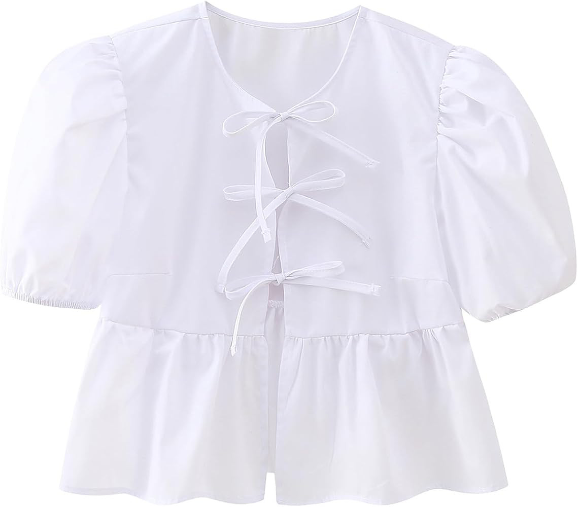 Women Y2K Tie Front Tops Puff Short Sleeve Peplum Shirts Going Out Lace up Crop Top Blouse | Amazon (US)