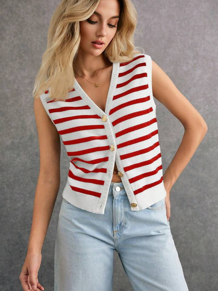 Poéselle Women Casual Striped Pattern Sleeveless Cardigan Sweater Winter Women Outfits Women Car... | SHEIN