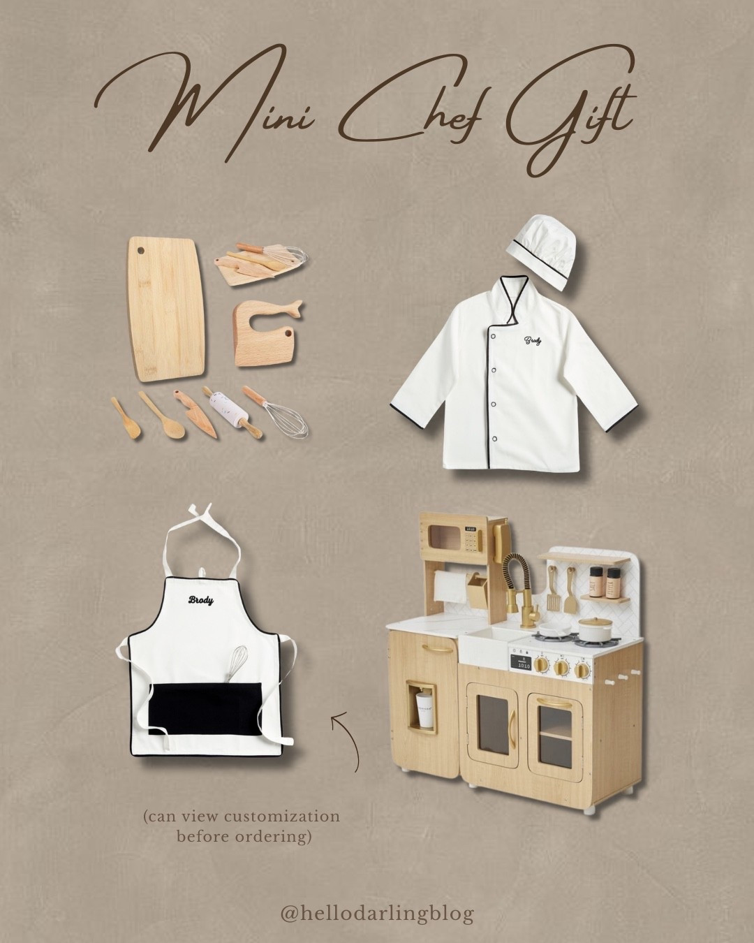 Looking for the cutest toddler gift idea? This Mini Chef Gift set is such a hit for little ones who love helping in the kitchen. I rounded up the best play kitchen accessories, a customizable chef coat and apron, wooden utensils, and the sweetest neutral play kitchen to create the perfect Montessori-inspired cooking setup. It’s aesthetic, practical, toddler-safe, and makes an adorable holiday or birthday present for mini chefs at any age. Everything is linked below so you can easily recreate the whole look.

#ToddlerGiftIdeas #HolidayGiftsForKids #LTKKids #MontessoriToys #LTKGiftGuide #ToddlerChristmasGift #MiniChef #PlayKitchenInspo #GiftGuideForKids 

#LTKHoliday #LTKKids #LTKGiftGuide