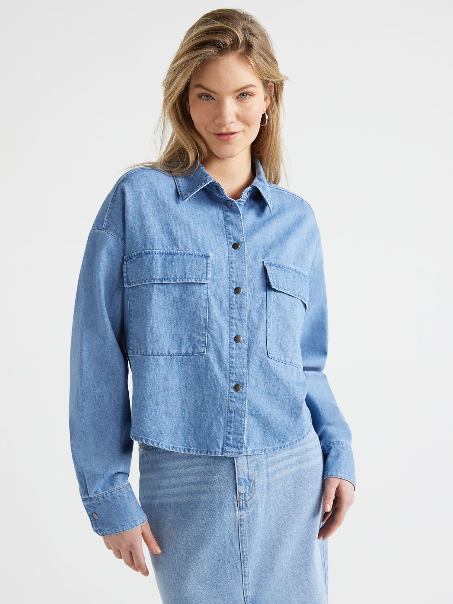 Scoop Women’s Denim Crop Shirt, Sizes XS-XXL | Walmart (US)