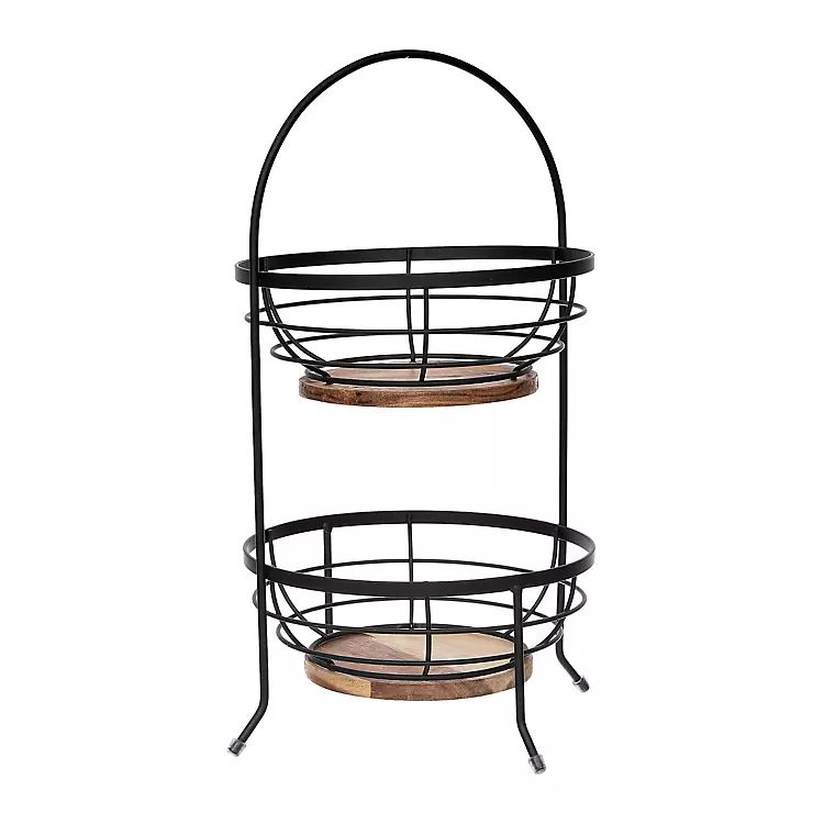 Black Metal Wire and Wooden 2-Tier Basket Stand | Kirkland's Home