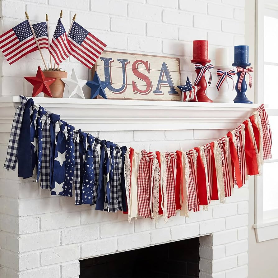Chumia 5ft 4th of July Tassel Garland Vintage Patriotic Fabric Rag Banner Red Blue White Mantel D... | Amazon (US)