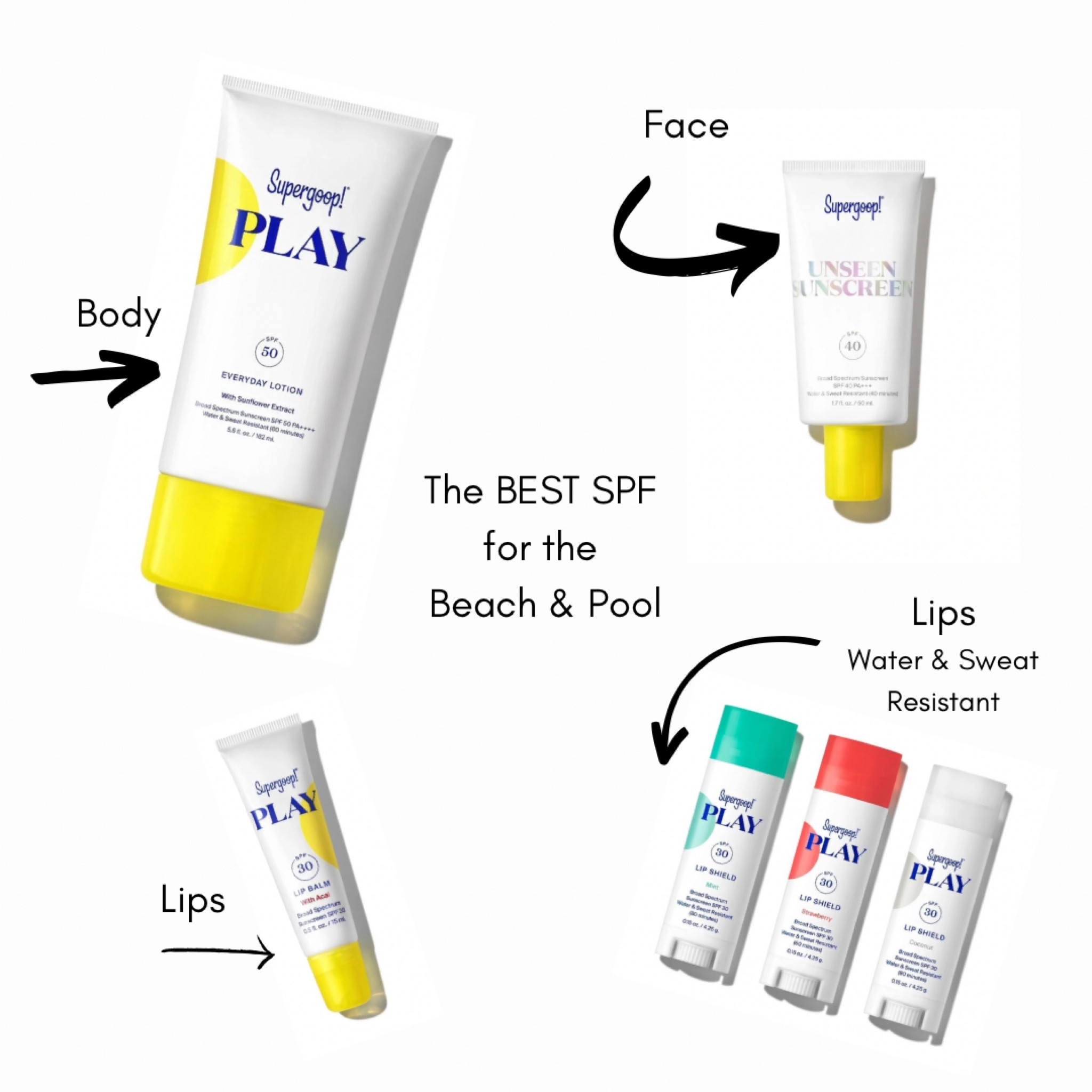SPF for beach, spf for pool, Supergoop sunscreen, face spf, body spf, lip spf, water resistant spf, sweat resistant spf, vacation essentials, beach essentials, pool essentials, best spf, travel essentials, vacation style 

#LTKsalealert #LTKtravel #LTKswim