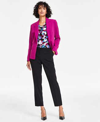 Kasper Women's One Button Notched Collar Blazer, Printed Cowlneck Cap-Sleeve Blouse & Slim Straig... | Macy's