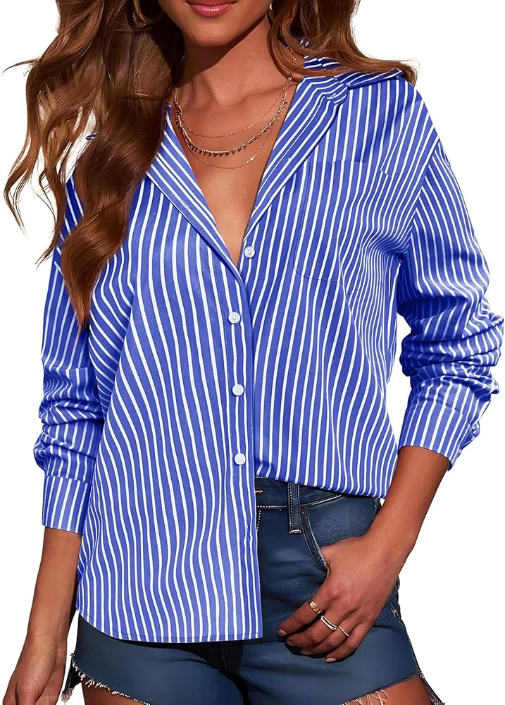 Grade 3.5 Wrinkle-Resistant Womens Vertical Striped Button Down Shirts Long Sleeve Dress Shirt Of... | Amazon (US)