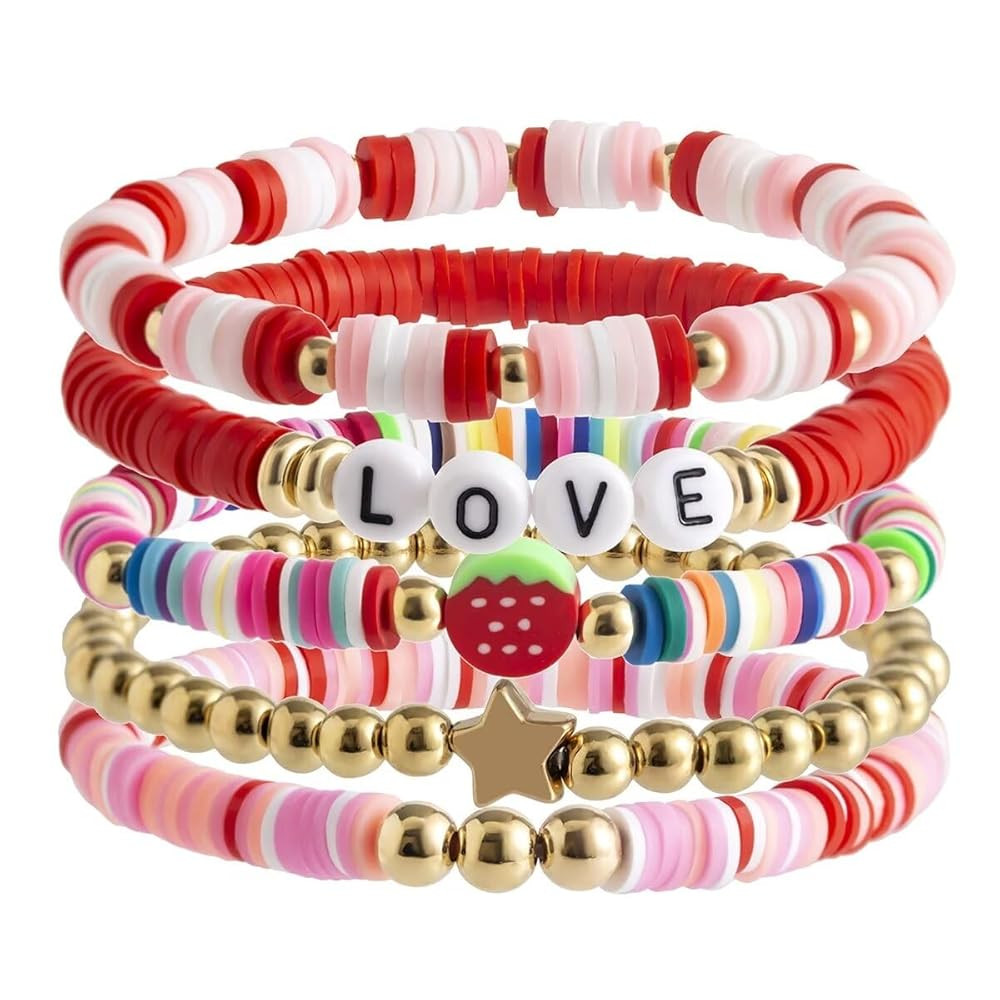 Surfer Heishi Clay Bead Strawberry Bracelets Set for Women Bohemian Stackable Gold Plated Beaded ... | Amazon (US)