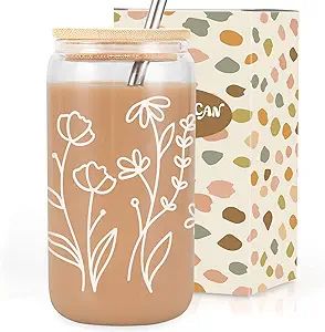 Coolife Floral Iced Coffee Cup, 16oz Can Shaped Drinking Glass Cup w/Lid Straw, Aesthetic Cups, C... | Amazon (US)