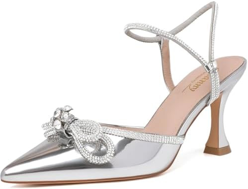 Susanny Women's Closed Toe Rhinstone Wedding Low Heel Slingback Clear Kitten Heels,Adjustable Str... | Amazon (US)