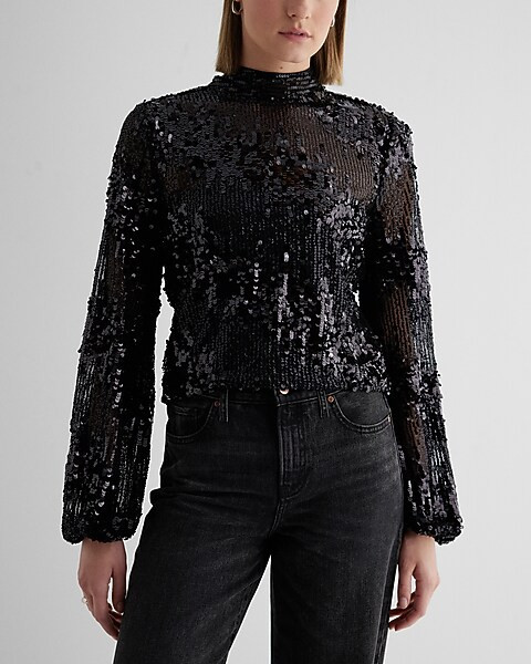 Sequin Mock Neck Balloon Sleeve Top | Express