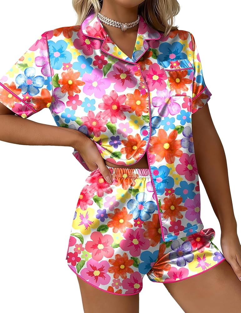 Ekouaer Silk Satin Pajama Set for Women Button Down Short Sleeve Top and Shorts Pjs Sets Sleepwea... | Amazon (US)