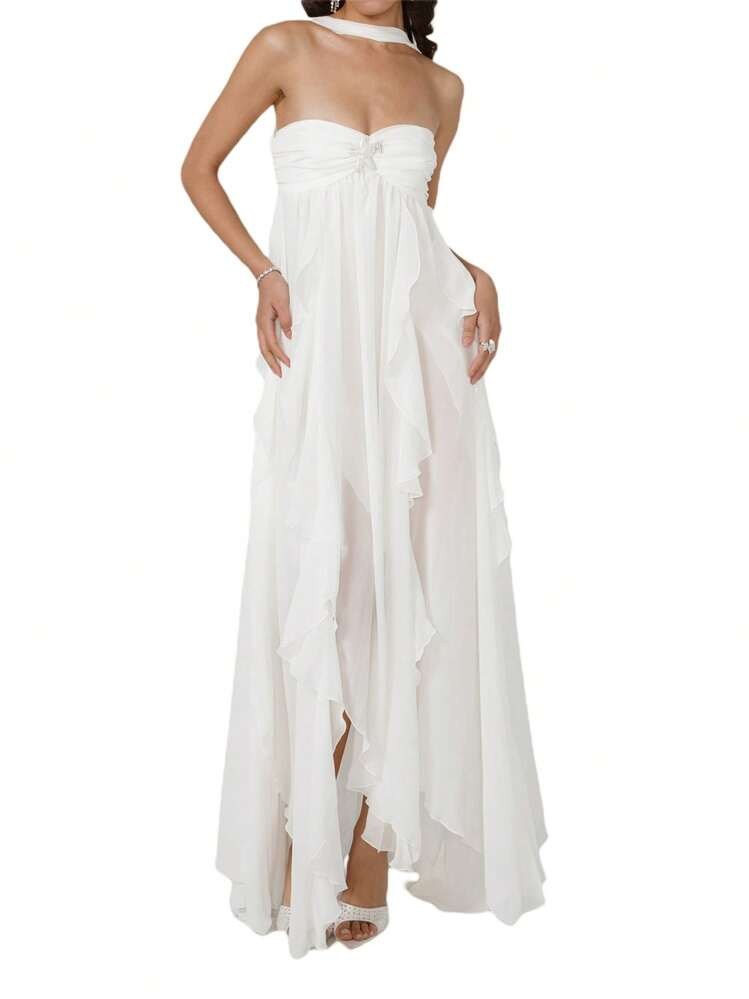 Women Summer Sleeveless Halter Long Dress Irregular Ruffled Hem Backless Cocktail Party Dress Sex... | SHEIN