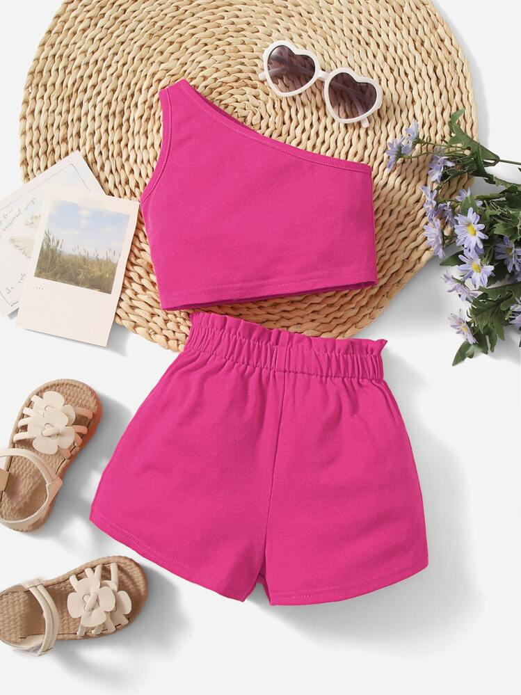 SHEIN Baby Girl One Shoulder Top & Paper Bag Waist Shorts | SHEIN