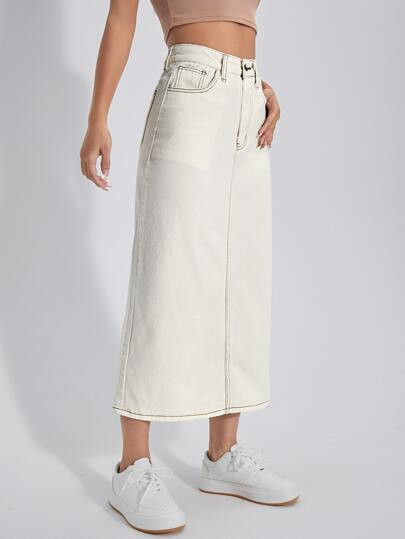 High Waist Split Back Denim Skirt SKU: sw2205245356569510(100+ Reviews)Cotton$19.99$18.99Join for... | SHEIN